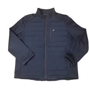 Nautica Jacket Men's XL Puffer Quilted Mixed Media Collared Navy Blue Full Zip